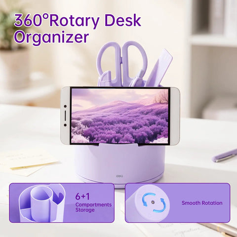 Purple 14 In 1 Desk Organizer Set With 360 Degree Rotary Stand And Phone Holder displayed on a desk with phone in holder