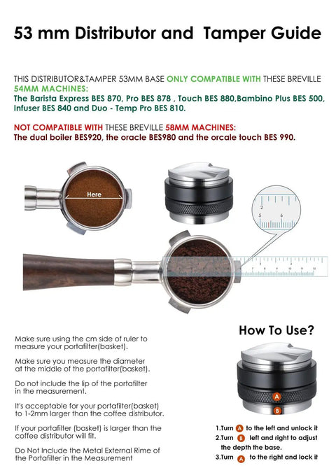 Diagram of 53mm Adjustable Coffee Distributor And Tamper For 54mm Breville Portafilter Baskets Dual Head Leveler.