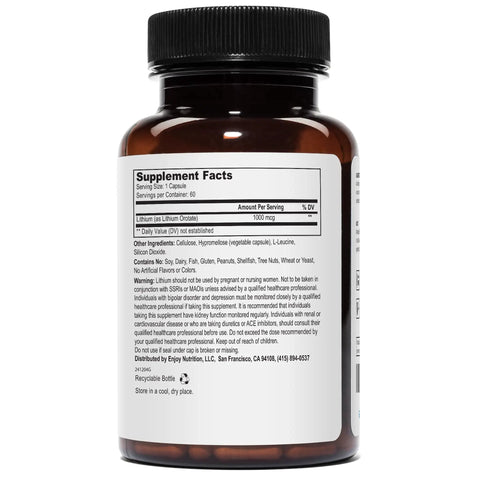 Back view of Lithium Orotate Supplement 1000 Micrograms Elemental Lithium 60 Vegetarian Capsules Per Bottle Twin Pack For Brain Boost