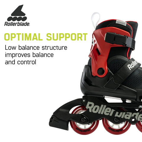 Microblade Free 3WD Kids Adjustable Inline Skates With Lace Free Closure And 4 Size Range in black and red side view