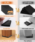 Comparison of adhesive furniture pads showing 10-pack cuttable pads for noise reduction versus 4-pack poor adhesive pads.