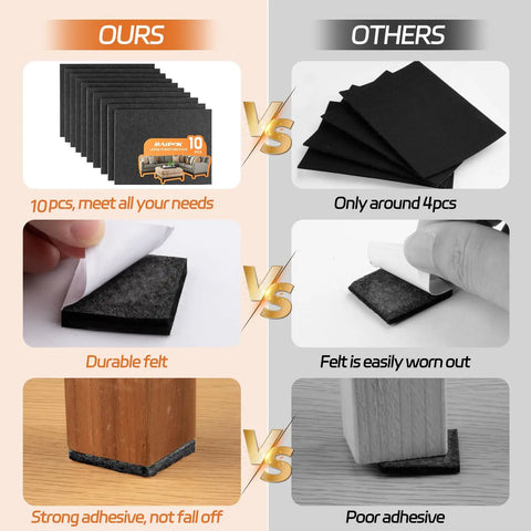 Comparison of adhesive furniture pads showing 10-pack cuttable pads for noise reduction versus 4-pack poor adhesive pads.