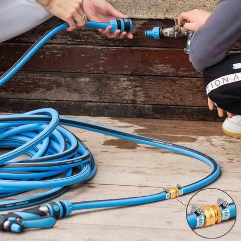 Two Pack Five Eighth Inch Aluminum Garden Hose Connector With Stainless Steel Clamps in use, connecting blue hose.