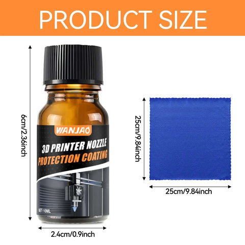 10ml bottle of 3D Printer Nozzle Protection Coating with size dimensions shown, prevents material buildup and clogging, non-stick layer.