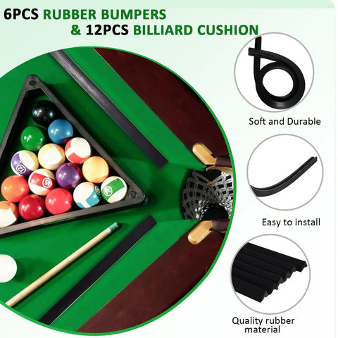 8 Foot Pool Table Bumpers Set Of 6 With Cushion Facings For Billiard Rails next to pool balls and cue stick