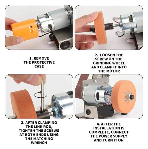 Mini Electric Belt Sander With Variable Speed Control And Grinding Wheel For Woodworking Acrylic Polishing Compact Desktop Machine showing installation steps.