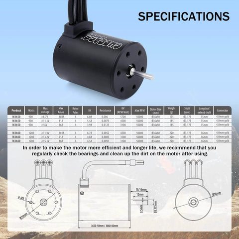 Beefy 1/10 RC Brushless Motor ESC Combo Waterproof 5700KV M3650 Brushless Motor With 60A ESC shown with specifications chart