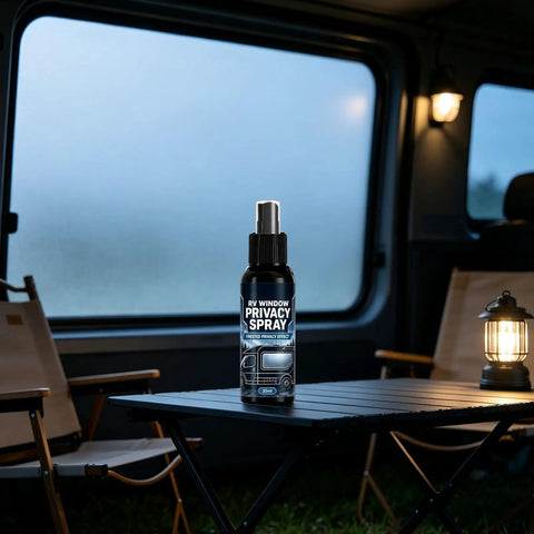 Glass Frosting Spray 30ml Translucent Portable Privacy Agent on table with RV window privacy effect in background.