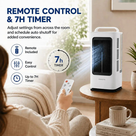 Person using remote to control Portable Mini Personal Air Conditioner With Remote, 3 In 1 Evaporative Cooler on table.