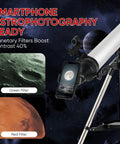 Side view of 80mm Aperture Refractor Telescope with 900mm Focal Length 270x, attached phone adapter and planetary filter examples.