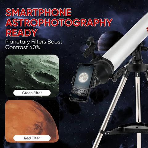 Side view of 80mm Aperture Refractor Telescope with 900mm Focal Length 270x, attached phone adapter and planetary filter examples.