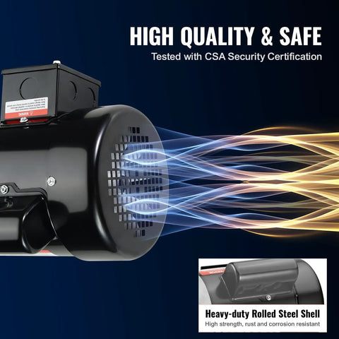 High quality electric motor with heavy-duty rolled steel shell, tested with CSA certification.