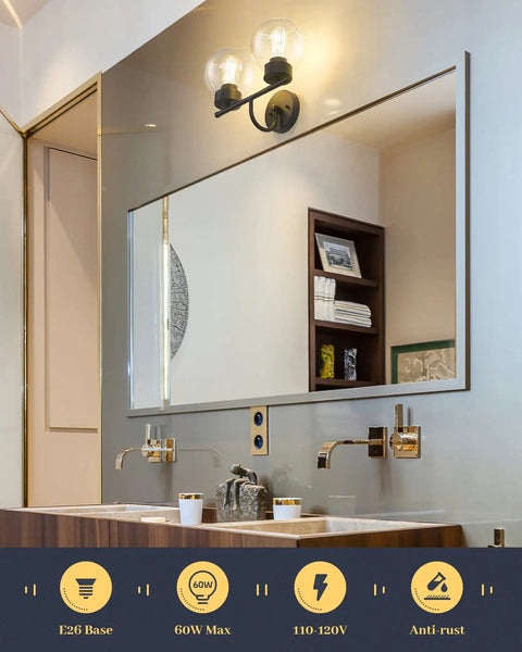 Matte Black Two Light Bathroom Vanity Light Fixtures Over Mirror With Clear Glass Shades Industrial Wall Sconces For Bathroom Decor Durable Iron Construction Modern Home Lighting.