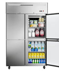 Heavy Duty Four Door Commercial Refrigerator With Stainless Steel Reach In Build and Fast Fan Cooling Delivers Thirty Six Cubic Feet of Legit Cold Storage for Busy Restaurants Bars and Shops Needing Serious Workhorse Reliability Daily with open doors showing beverages and produce.