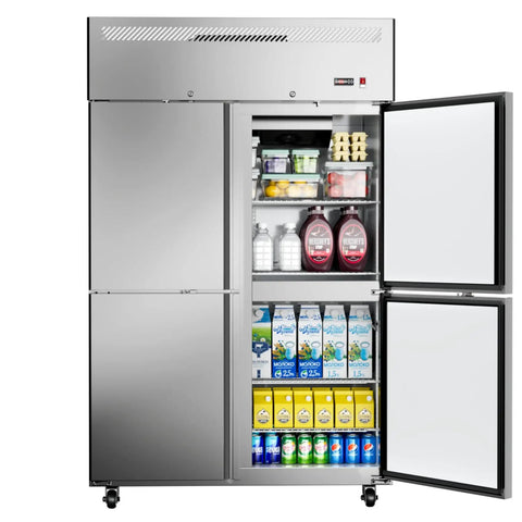 Heavy Duty Four Door Commercial Refrigerator With Stainless Steel Reach In Build and Fast Fan Cooling Delivers Thirty Six Cubic Feet of Legit Cold Storage for Busy Restaurants Bars and Shops Needing Serious Workhorse Reliability Daily with open doors showing beverages and produce.