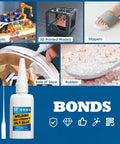 Image showing bottle of welding high-strength oily glue with illustrations of materials it bonds like plastic, slippers, shoes, rubber, 3D models.