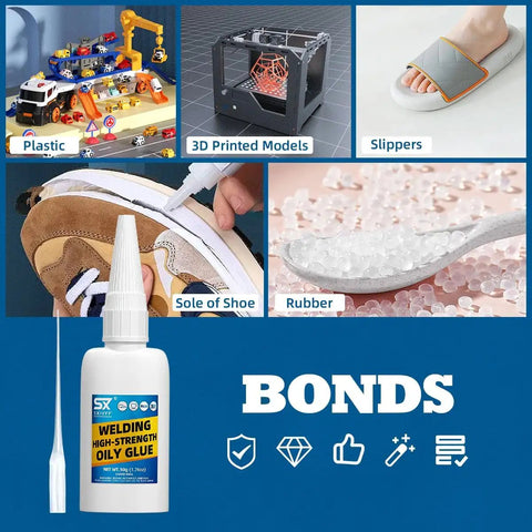 Image showing bottle of welding high-strength oily glue with illustrations of materials it bonds like plastic, slippers, shoes, rubber, 3D models.