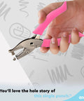 Hand holding Metal Single Hole Punch For Paper And Crafts With Soft Grip Handles, Pink Quarter Inch Hole Puncher, ideal for scrapbooking.