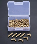 Open box displaying Beefy Solid Brass Concealed Barrel Hinges 100 Pack For Small Cabinets And Jewelry Boxes, 4x20mm, scattered and organized.
