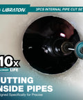 LIBRATON 3-piece internal PVC pipe cutter set with diamond-grit wheel on a drill, cutting inside pipe