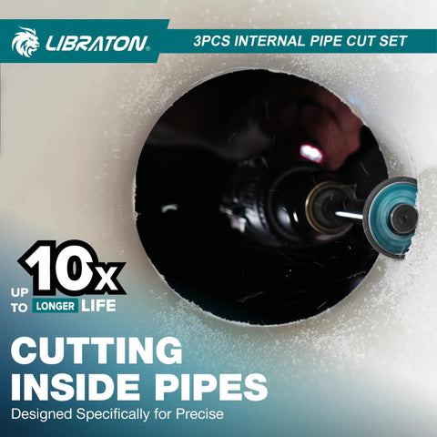 LIBRATON 3-piece internal PVC pipe cutter set with diamond-grit wheel on a drill, cutting inside pipe