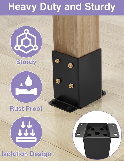 Close-up of 2 Pack Heavy Duty 4x4 Post Base Bracket Set With Anti Corrosion Coated 13GA Solid Steel Inner Size 3.5x3.5 Inches