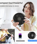 Woman holding Rechargeable Portable Standing Fan With 8000mAh Battery Remote Quiet 8.1 Inch Oscillating Pedestal Floor Fan.