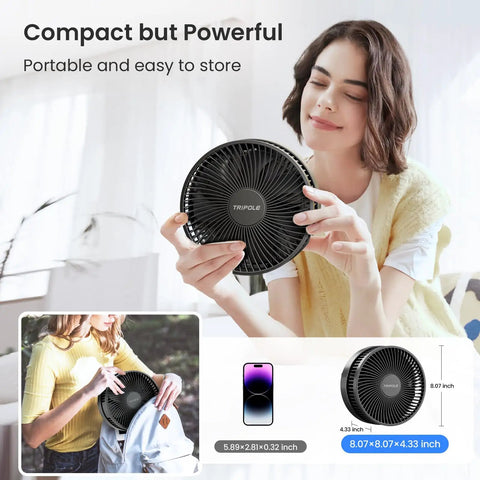 Woman holding Rechargeable Portable Standing Fan With 8000mAh Battery Remote Quiet 8.1 Inch Oscillating Pedestal Floor Fan.