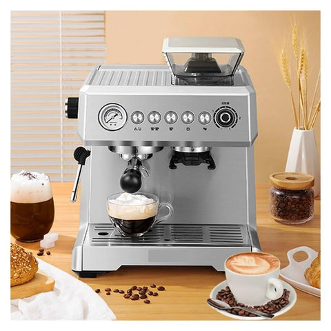 New Espresso Coffee Machine With Built In Grinder 20 Bar Pump Steam Milk Frother Semi Automatic Home Coffee Maker on counter with lattes.