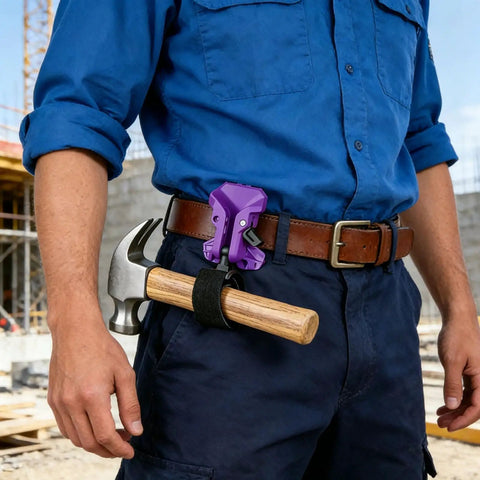 Heavy Duty Drill Holder With Secure Double Buckle Belt Clip For Power Tools Like Hammers And Electric Drills Perfect For Job Sites, worn on a worker's belt.