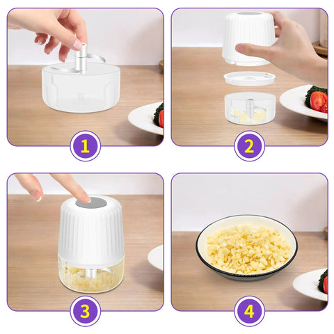 Premium Electric Garlic Chopper 100Ml Mini Food Processor With 304 Stainless Steel Blade And Safety Lock, clean design in four steps.