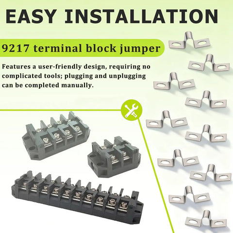 Terminal Block Jumper Wires Tension Clip Kit, 10 Pack, 30A Compatible shown with easy installation and 9217 terminal block
