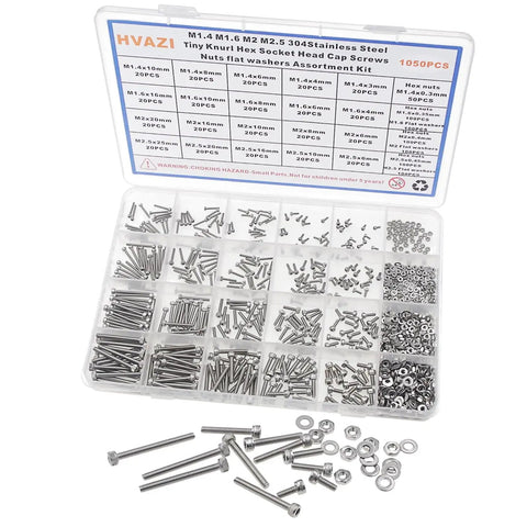 Gearhead Grade 1050 Piece 304 Stainless Steel Knurl Socket Head Cap Screws Hex Nuts And Flat Washers Assortment Kit with metric sizes M1.4 M1.6 M2 and M2.5.