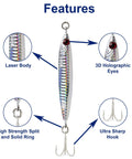 Heavyweight Forty Gram Vertical Casting Jig With Razor Sharp Treble Hooks And Streamlined Silver Shape showing features like 3D eyes and laser body.