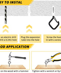 Installation guide for 30 Pack Cup Screw In Hanger Hooks With Safety Buckle, showing drill, plug, and tool use on wood for mounting.