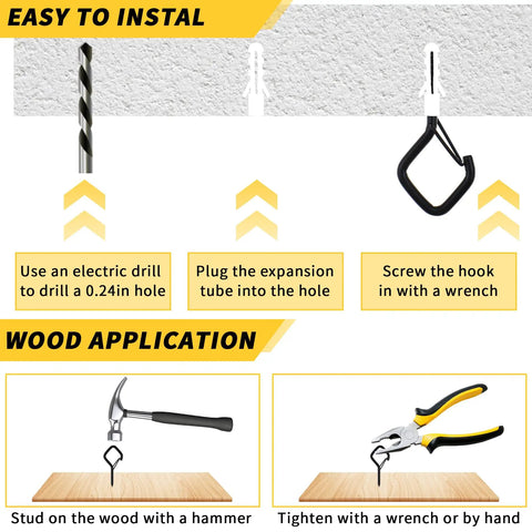 Installation guide for 30 Pack Cup Screw In Hanger Hooks With Safety Buckle, showing drill, plug, and tool use on wood for mounting.