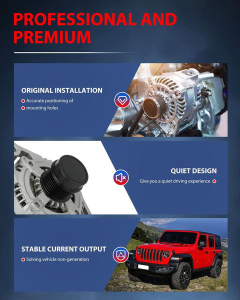 Promotional image of alternator highlighting easy installation, quiet design, and stable current output for Toyota RAV4 3.5L 2006-2008.