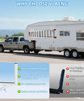 Built Like A Tank Adjustable Aluminum Cargo Trailer Ladder Rack Handles Two Heavy Ladders Without Breaking A Sweat, shown on RV with ladders.