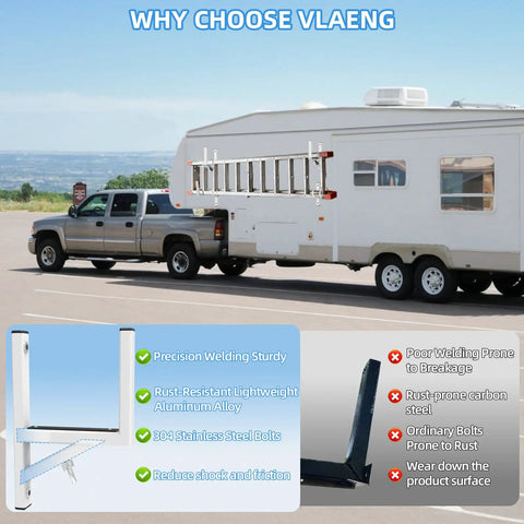 Built Like A Tank Adjustable Aluminum Cargo Trailer Ladder Rack Handles Two Heavy Ladders Without Breaking A Sweat, shown on RV with ladders.