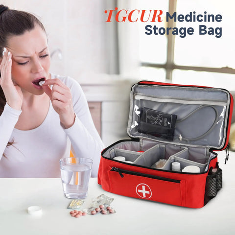 Red medicine organizer bag with double layer design for home and travel, open to show compartments, on a table.