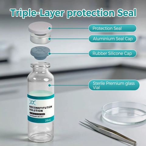 30 mL clear sterile glass vial labeled Reconstitution Solution with teal band
