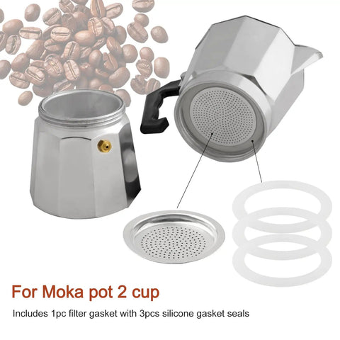 2, 3, 6, 9, 12 Cup Stovetop Espresso Gasket And Filter Set, silicone gasket and filter shown for Moka pot