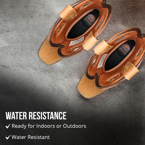 Top view of genuine leather mens work boots built for the job with insulation, oil and slip resistant construction.