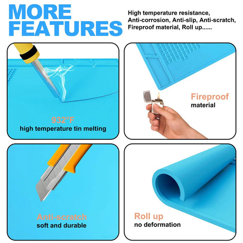 Pro Grade Silicone Soldering Repair Mat For Electronics And DIY Projects, Heat Resistant Work Surface Up To 932 F, 13.7 By 9.8 Inches Blue, Features 124 Screw Spots And 8 IC Notches To Keep Tiny Parts Organized On Your Busy Bench showing heat resistance, durability and flexibility features.