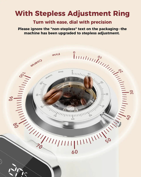 Tuni G3 Commercial Espresso Coffee Grinder With 64mm Flat Burrs, Stainless Steel Conical Mill, 100 Precision Grind Settings For Barista Grade Pour Over And French Press Brewing Perfection In Sleek Ivory showing stepless adjustment ring and coffee beans.