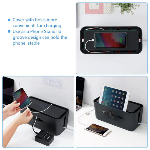 All-In-One Cable Management Box Kit For Desk And Floor Cord Organizer Hides Power Strips And Wires Includes 6 Cable Clips 10 Reusable Ties And Wall Hook For Easy Wall Mount In Home Office Black shown as phone stand with charging capability