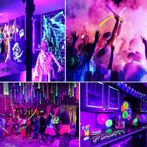 Party scene lit by upgraded 33Ft black light strip kit with remote control, creating vibrant dance floor ambiance with 600 LEDs.