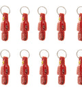 Front view: set of ten red Sedmoon heavy-tension snap-release clips with key rings for offshore fishing, plastic