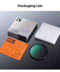 49mm Black Diffusion 1/4 Filter for Cinematic Mist, packaging components on display with box, instructions, and filter case.