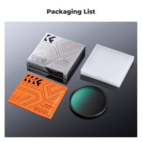 49mm Black Diffusion 1/4 Filter for Cinematic Mist, packaging components on display with box, instructions, and filter case.